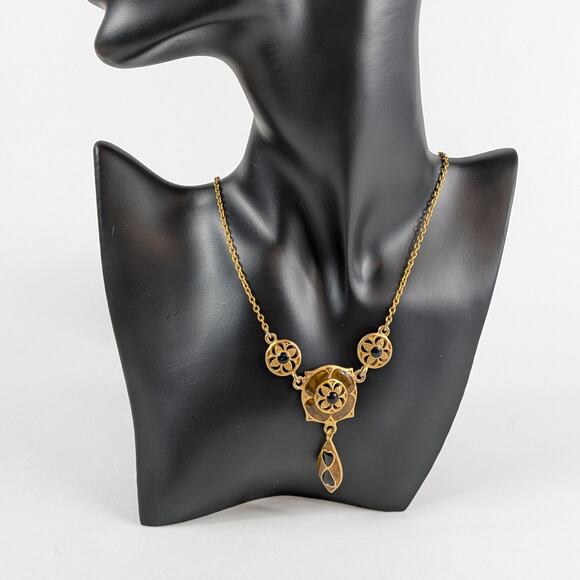 Vintage Gold Tone Drop Pendant Necklace Black Glass Inlay Art Deco Revival 11" - Picture 3 of 8